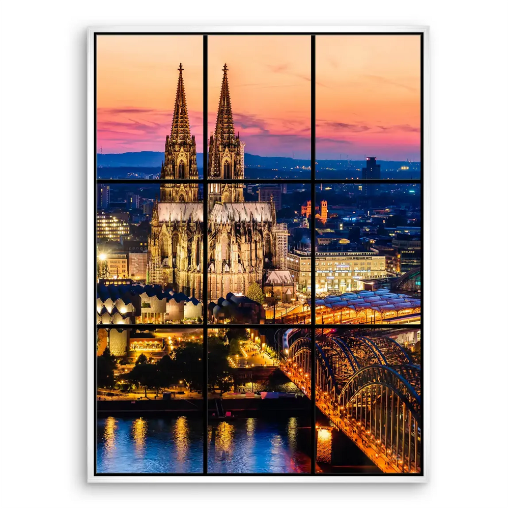 Middle-right panel captures a broad view of the skyline with the cathedral silhouette under pink skies