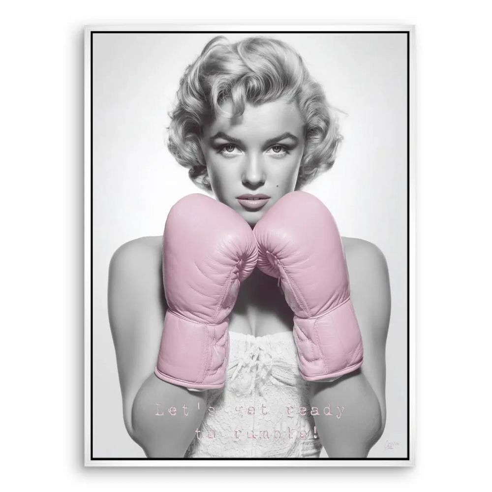 Bold Marilyn Monroe canvas wall art featuring boxing pose and pink gloves.