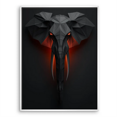 Minimalist black and grey elephant wall art with orange-red accents.