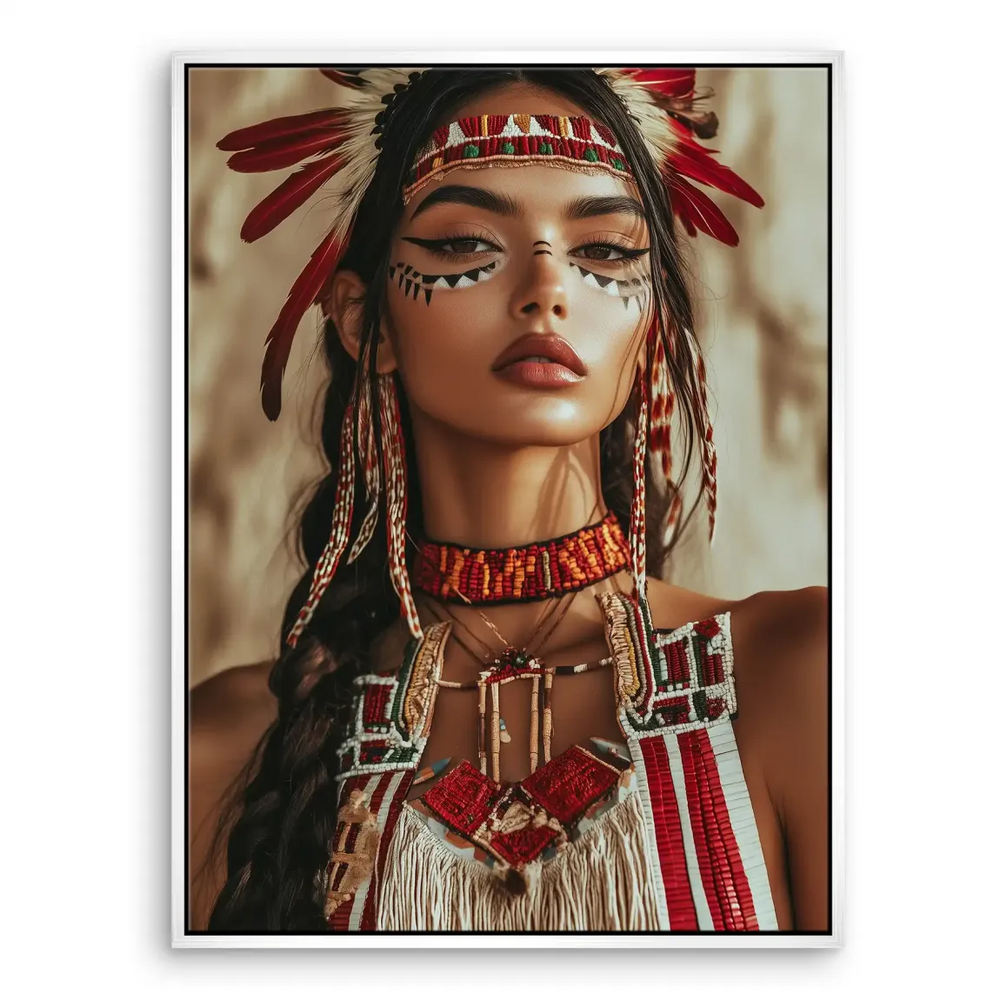 Empowering female portrait inspired by Indigenous cultures for Boho decor.