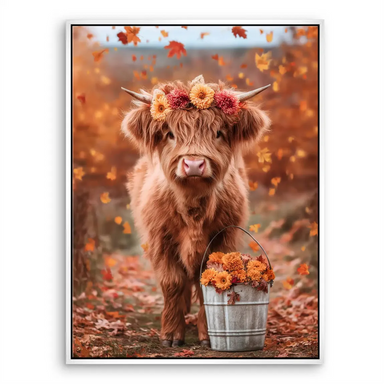 Calm gaze of the Highland calf under autumn-toned foliage.