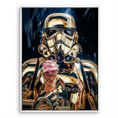 Ice cream cone with colorful sprinkles adds bright accent to metallic figure.