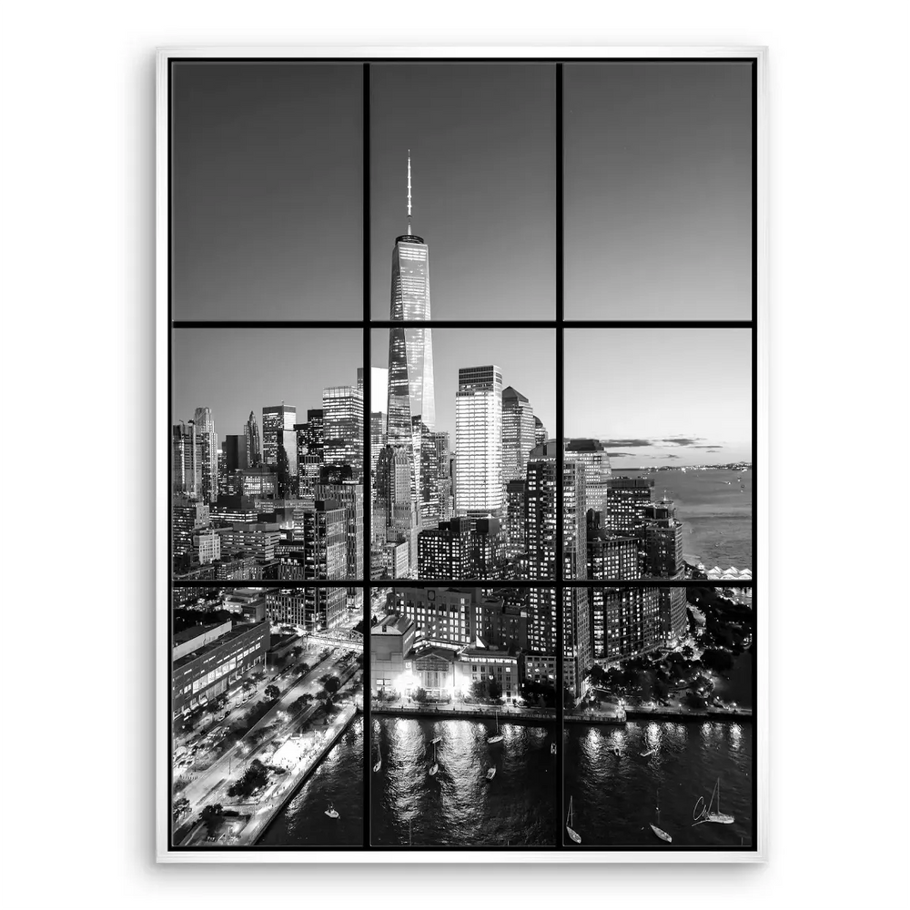 Cohesive modern wall art in monochrome featuring New York City skyline across multiple panels.