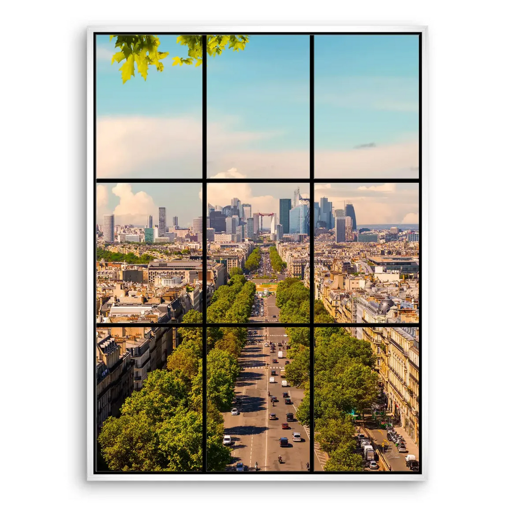 Distant skyline mix of historic avenues and modern towers, ideal for modern, travel-themed decor.