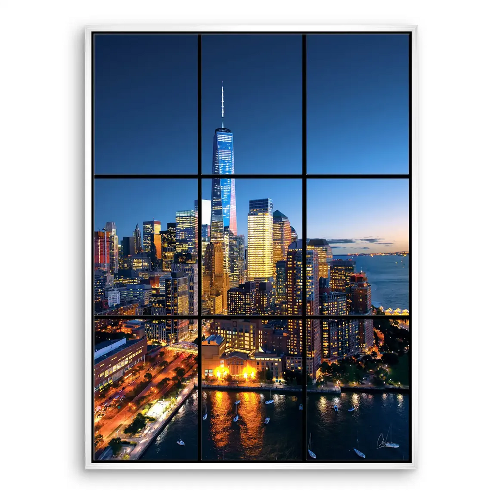 Vibrant urban nightscape of New York City with blue skies and bright windows, ideal for modern decor.