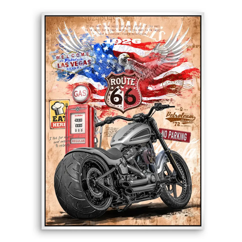 Pop art-inspired Harley Route 66 canvas art blending graphic styles