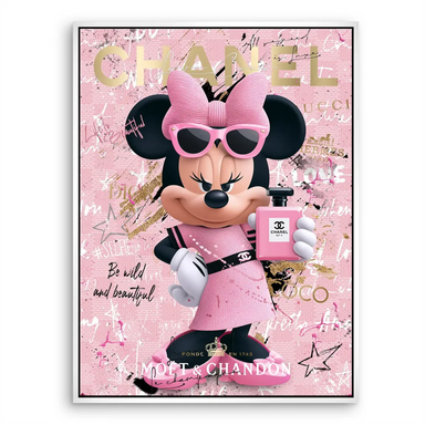 Whimsical Minnie Mouse canvas print with luxury brand motifs and rose-gold accents.