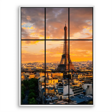 Canvas print detail showing the warm Paris sunset color palette around the Eiffel Tower