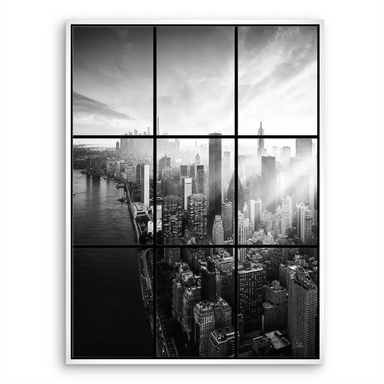 Sixth panel emphasizing tall skyscrapers with strong contrast and shadows