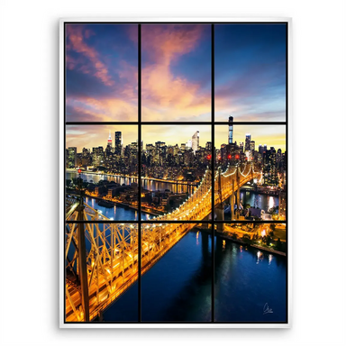 Window-pane framed composition highlighting modern architectural silhouettes at dusk.