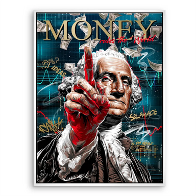 Statement piece for a workspace that blends money imagery, urban flair, and bold color contrasts.