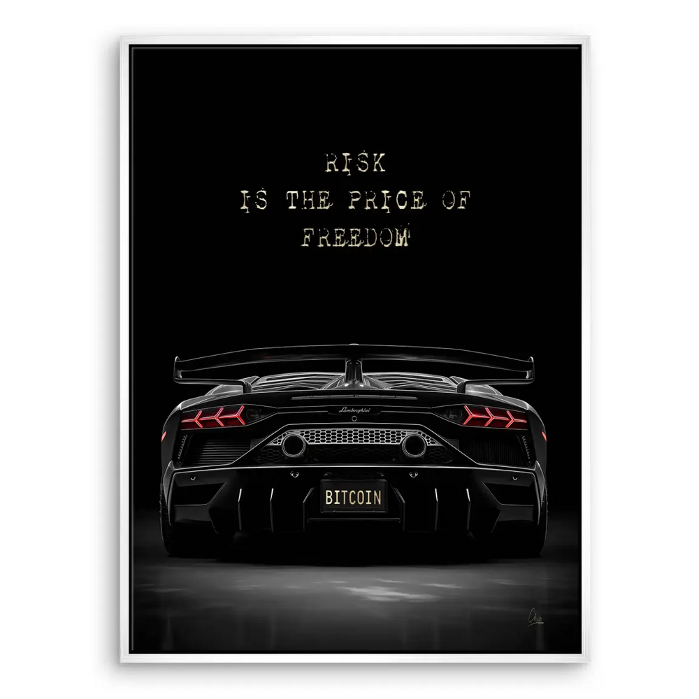 Contemporary Lamborghini canvas art featuring Bitcoin branding and gold accents.