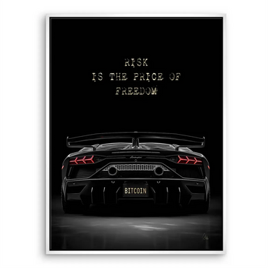 Contemporary Lamborghini canvas art featuring Bitcoin branding and gold accents.