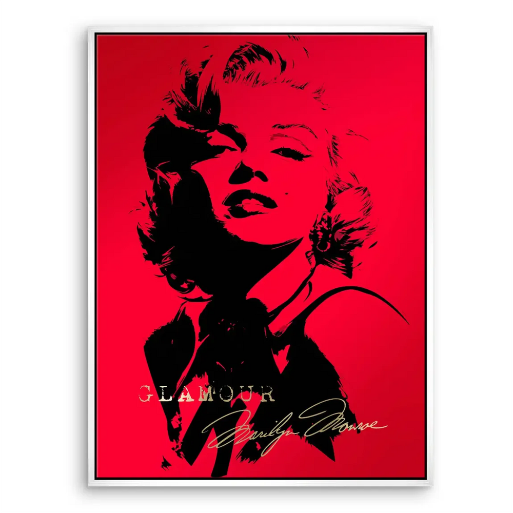 Elegant fashion wall art showing Marilyn Monroe in bold red pop art style with gold GLAMOUR text.